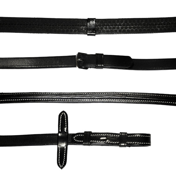 Leather & Rubber Grip Reins (Flat) with white stitching (Silver Billet)